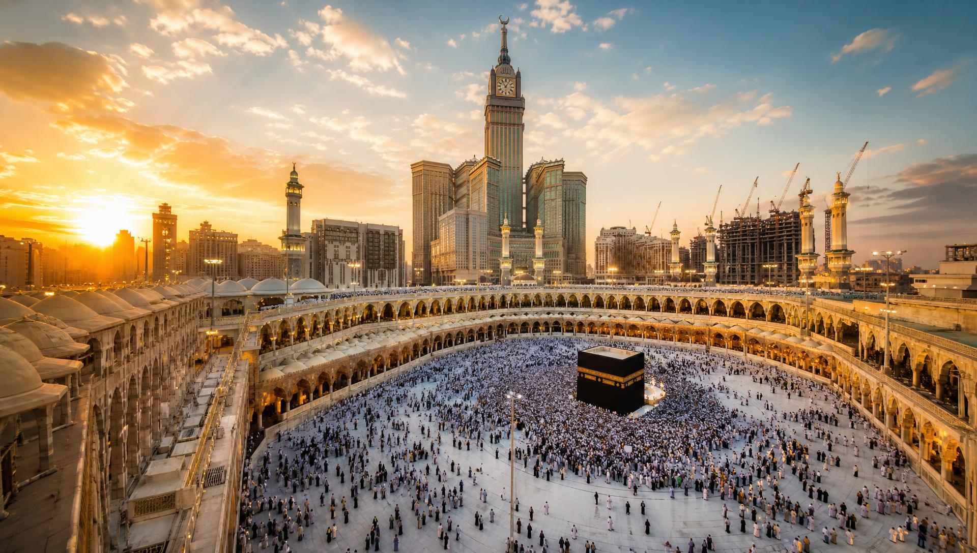 Panoramic view of the Kaaba in Masjid al-Haram, Makkah, at golden hour